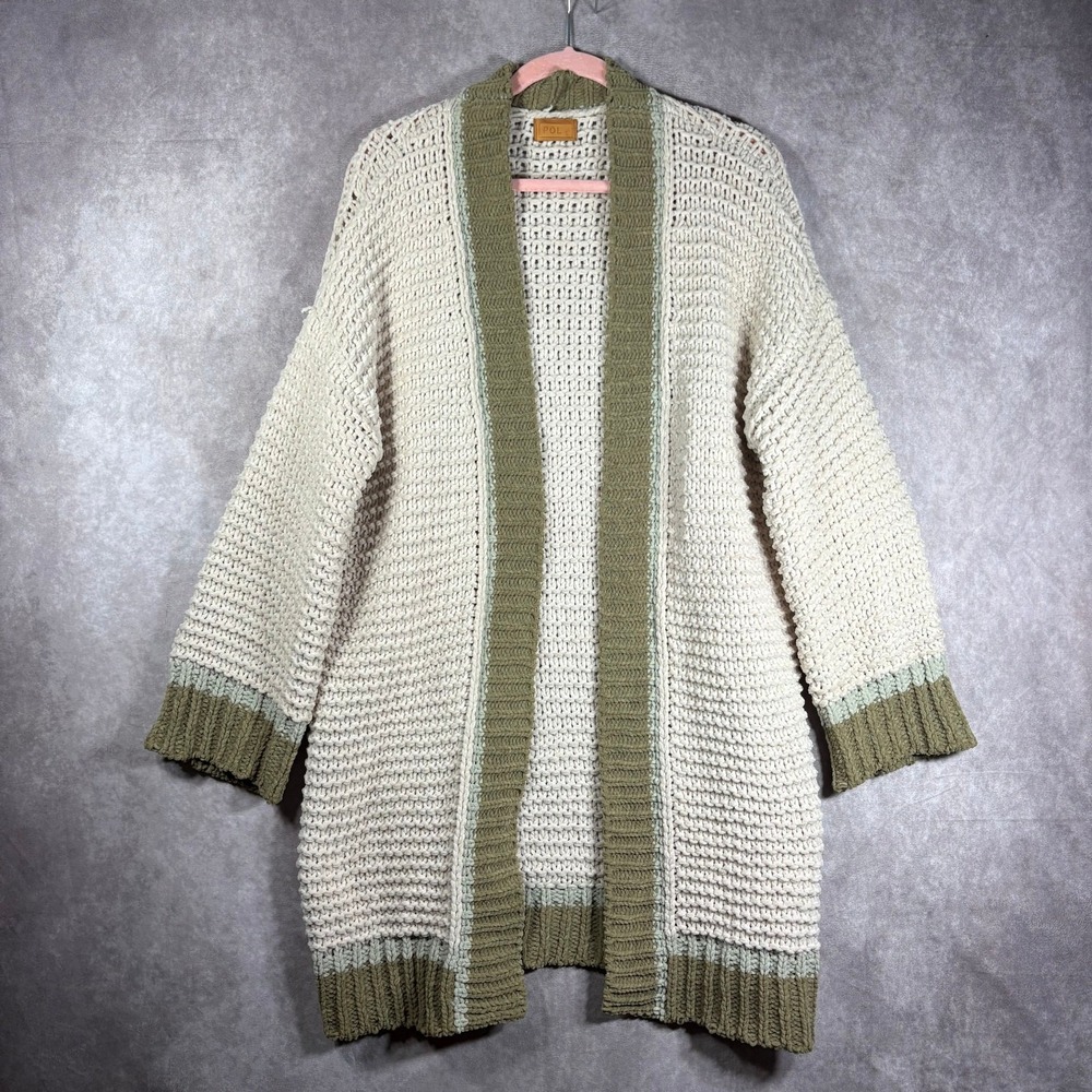 Pol Cardigan Sweater Womens Small Cream Green Open Knit Longline Open‎ Front